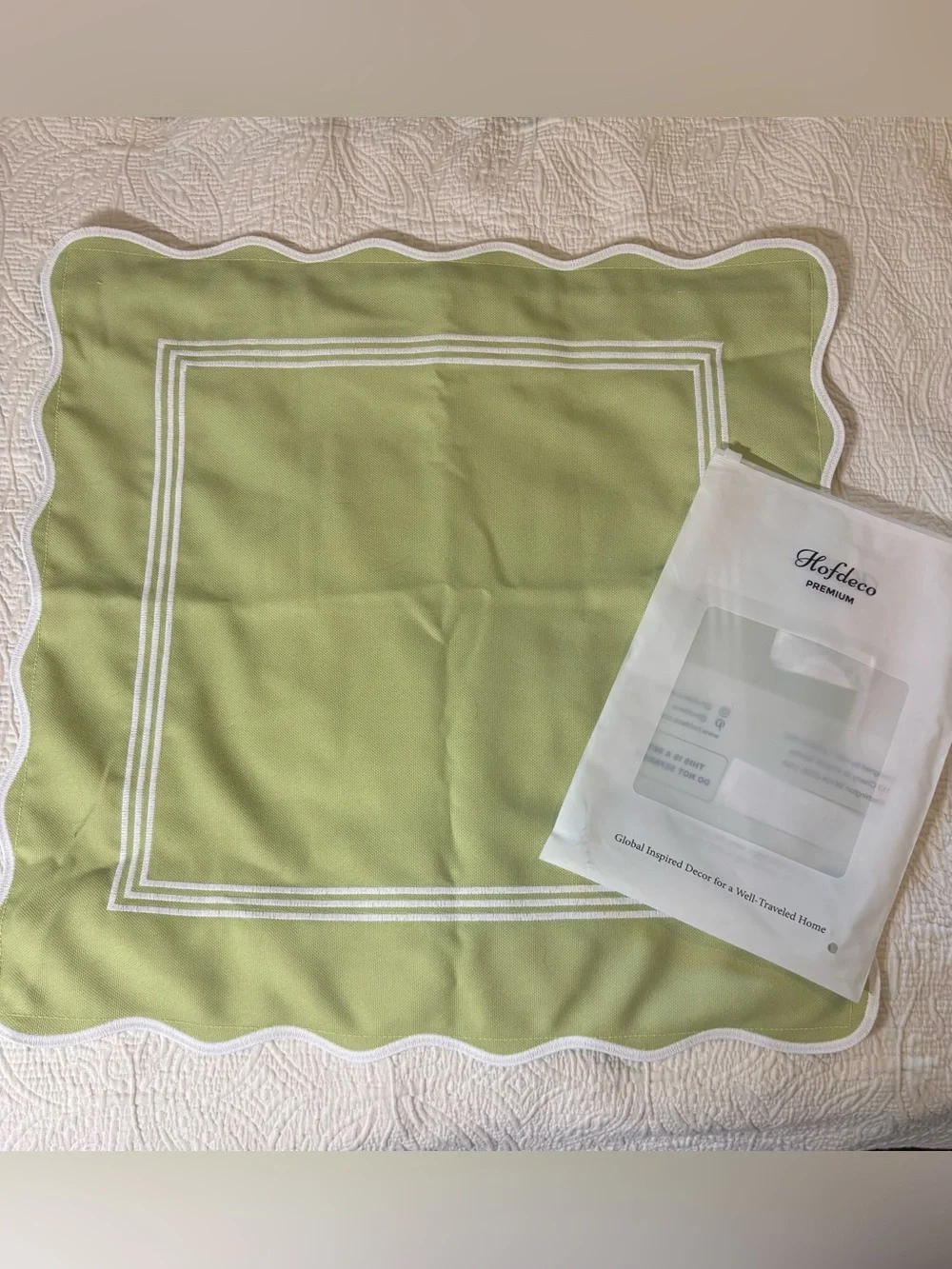 Hofdeco Sage Green Scalloped Pillow Cover Embroidered White Border 20x20